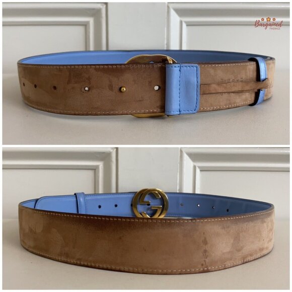 Authentic Gucci Blue Calfskin Leather Gold Interlocking G Buckle Belt 85/34 - Picture 6 of 13